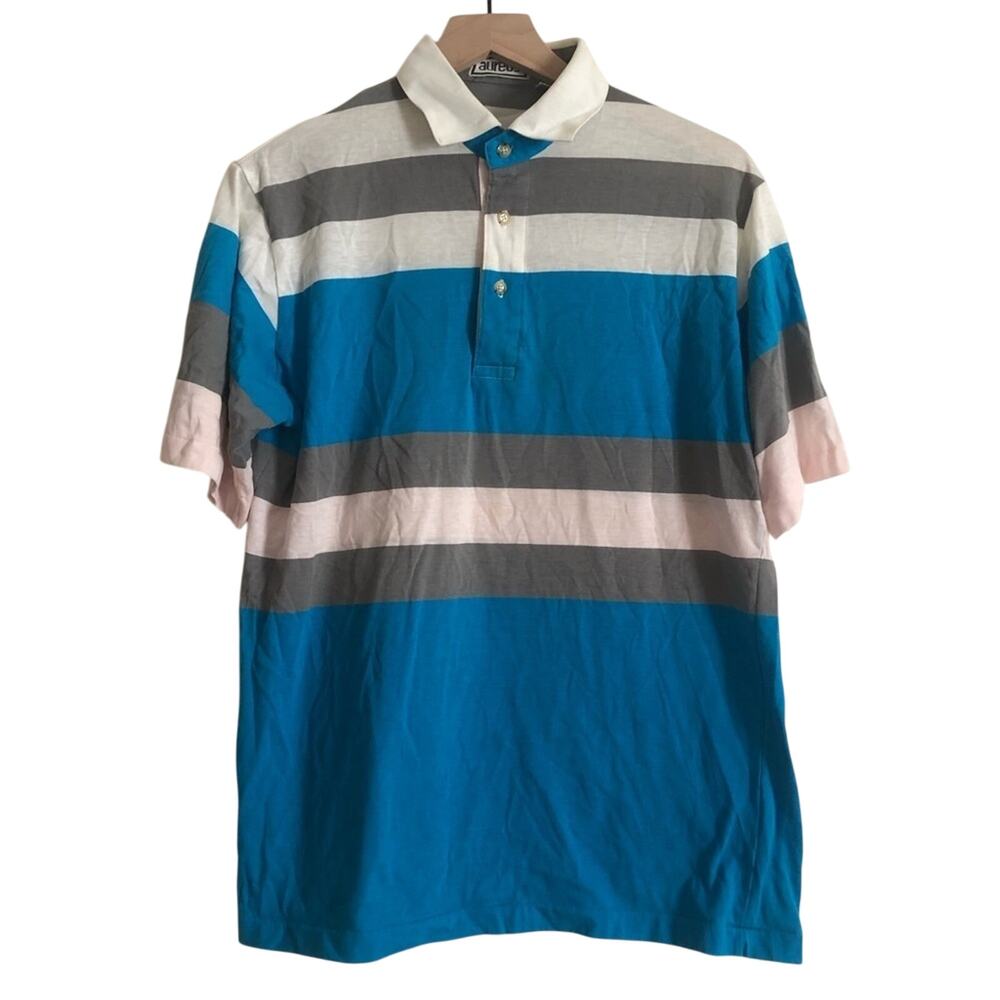 Vintage Aureus Men's Blue White Gray Pink Striped Short Sleeve Polo Shirt Large